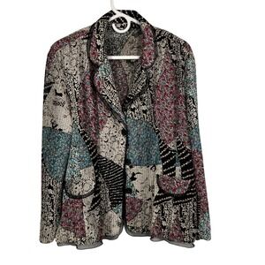 XL Abstract Patchwork Knit Blazer Jacket Mesh Trim Multicolor Artsy